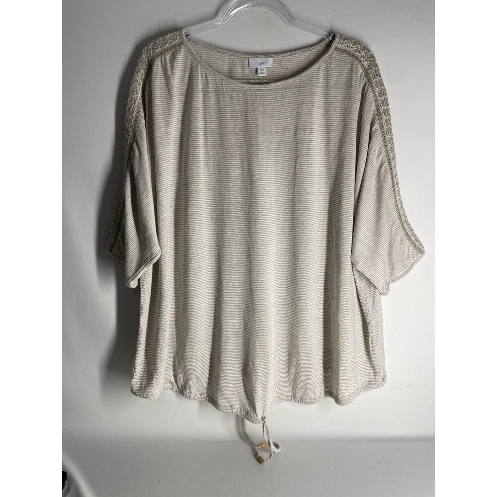 J. Jill Linen Blend Striped 3/4 Sleeve Boxy Tie Front Blouse Top Crochet Size 2X